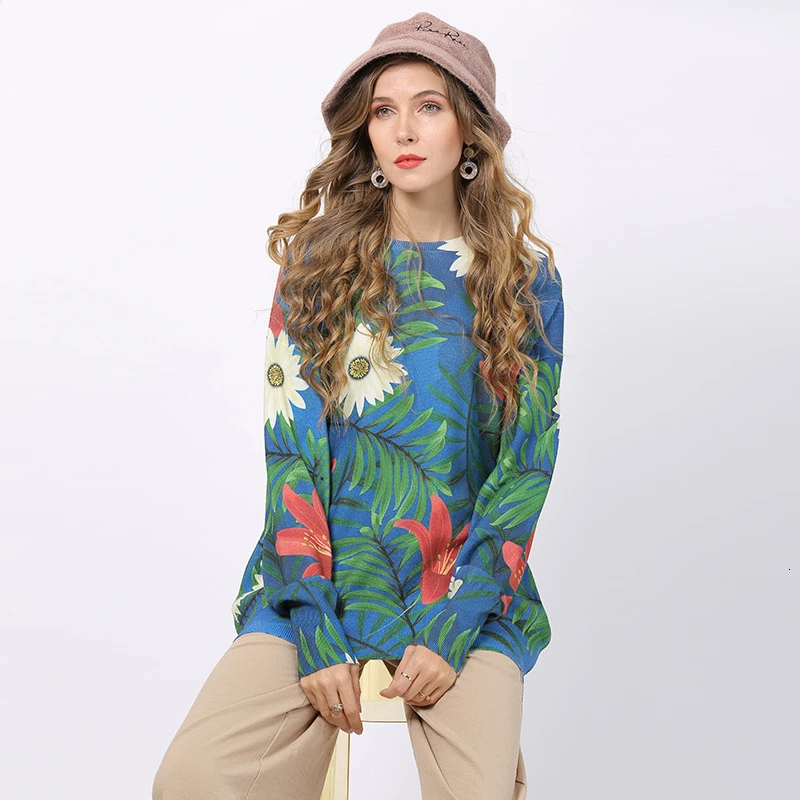 

New Floral Printed Women Loose Sweater Autumn Winter Ladies Knitted Pullovers O Neck Bat Sleeve Female Jumpers 2020 Sweterek