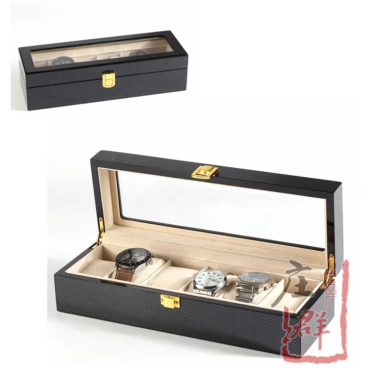 

Carbon Fiber Six Watch Box Watch Packaging Box Display Box Black And White with Pattern Light Manufacturers Wholesale Direct Sel
