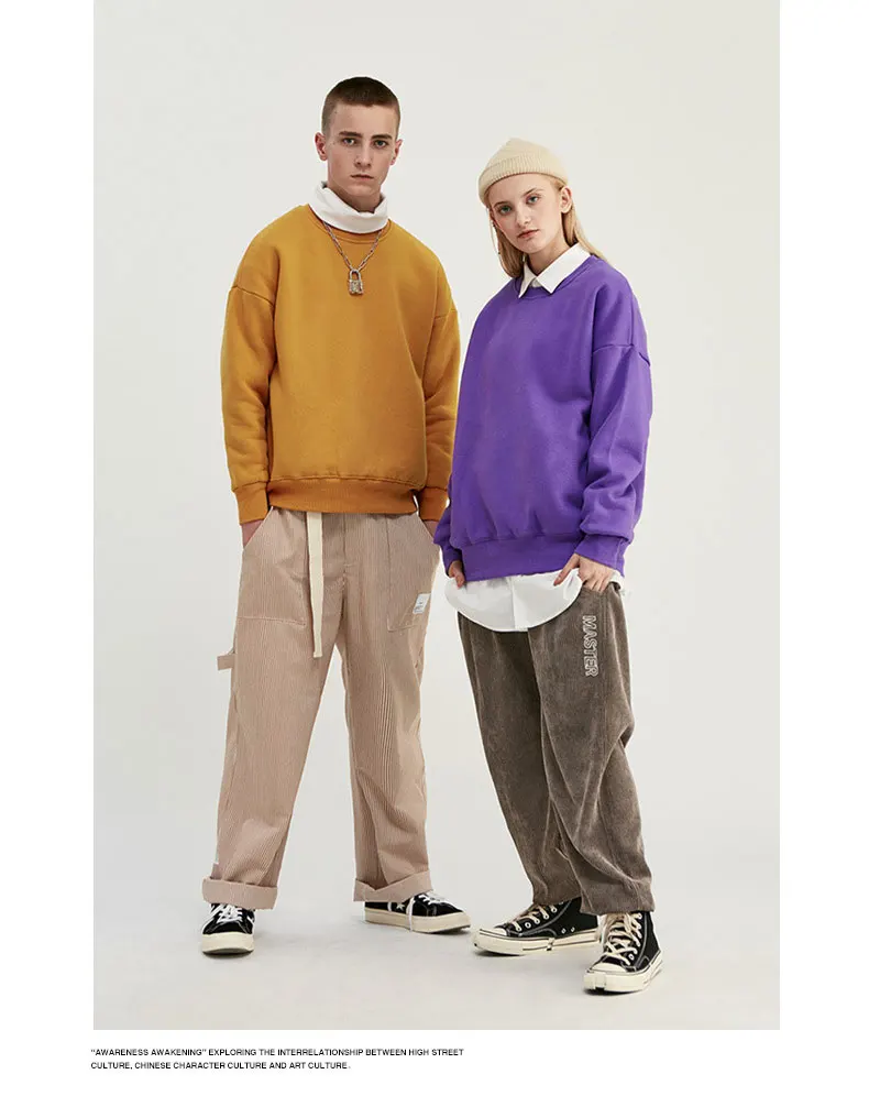 Fionto, Мужская одежда, толстая, 350 г, с мехом, карамельный цвет, чистый цвет, свободные плечи, круглый вырез, защита для мужчин, толстовка