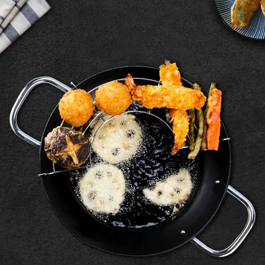 

High Quality Mini Tempura Fryer Iron Pot Kitchen Deep Fry Pan with Oil Drip Drainer Rack Kitchen Cooking wok