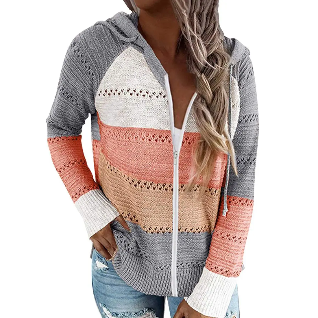 

Laamei Women Hooded Sweater Cardigans With Zipper Striped Thin Tops Loose Knitted Hollow Out Cardigans Autumn Knitwear Outwear