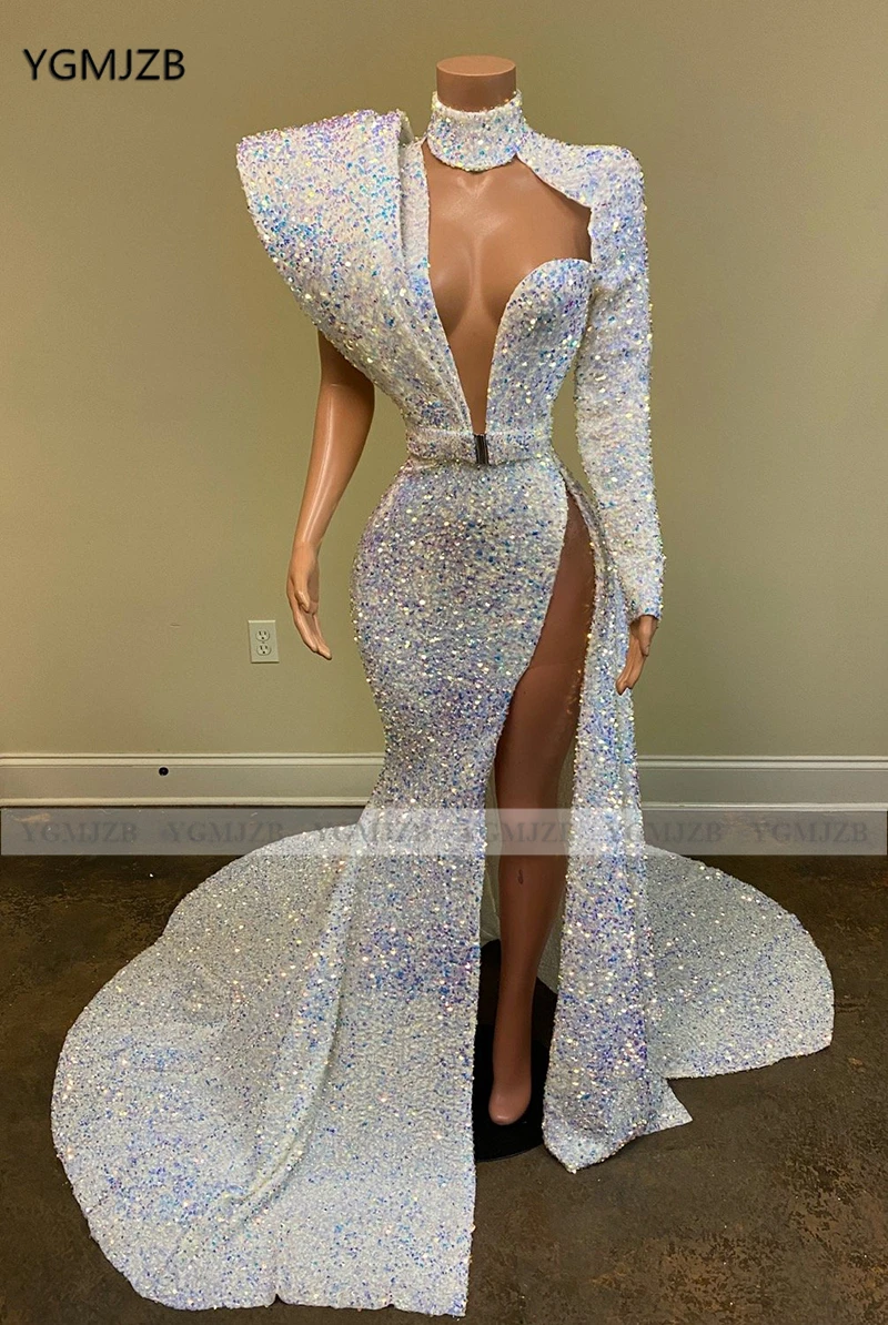 

Sparkly Sequin White Long Mermaid Prom Dresses 2020 High Neck One Long Sleeve Sexy High Split Prom Gown African Girl Prom Dress