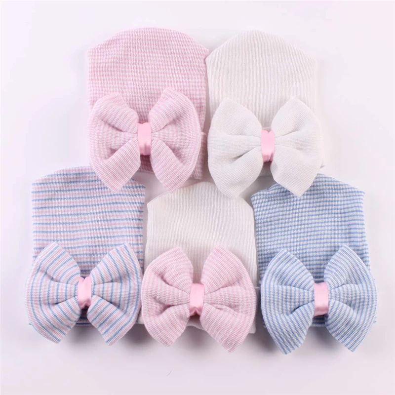 0-6M Newborn Baby Crochet Stripe Hats with Big Bow Baby Girl Infant Soft Knitting Cotton Caps Autumn Winter Warm Cap KBH80 baby accessories bag	