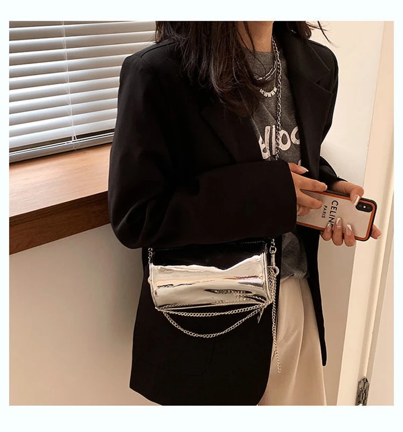 Shoulder Bag Female Crossbody Bag Handbag Bucket Women Bag Chain Fashion Silver Patent Leather Glossy New PU Leather Zipper