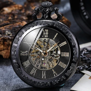 

Black Sliver Mechanical Pocket Watch for Men FOB Chain Pendant Clock Skeleton Steampunk Male reloj de bolsillo hombre con cadena