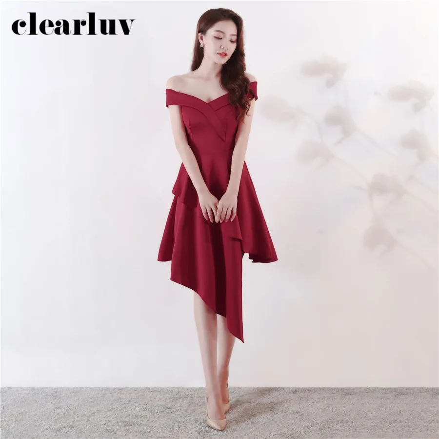 

Vestidos De Gala Plus Size Off The Shoulder Prom Dresses DX326-4 2020 Burgundy Simple Prom Gowns Stylish Short Sleeve Party Gown