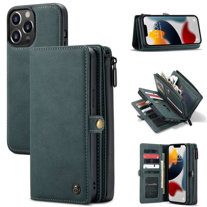 New 9 Cards Zipper Flip Leather Case For iPhone 13 12 Pro Max 11 Pro SE 2020 10 X 6 6s 7 8 Plus XR XS Max Wallet Book Phone Case phone carrying case