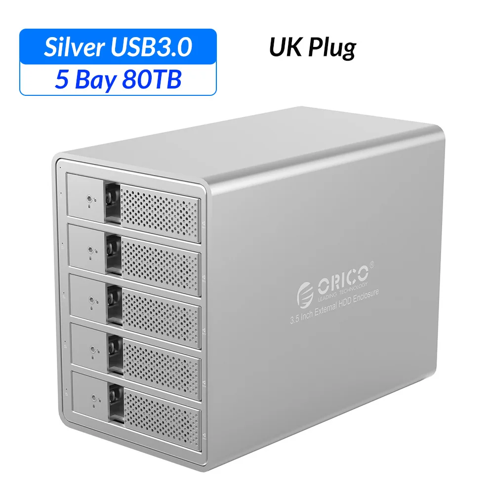 ORICO Алюминий 5 Bay 3,5 ''SATA к USB 3,0 HDD док-станция Поддержка 80 ТБ UASP Добавить 150 Вт внутренний адаптер питания чехол для SSD, HDD - Цвет: UK Plug