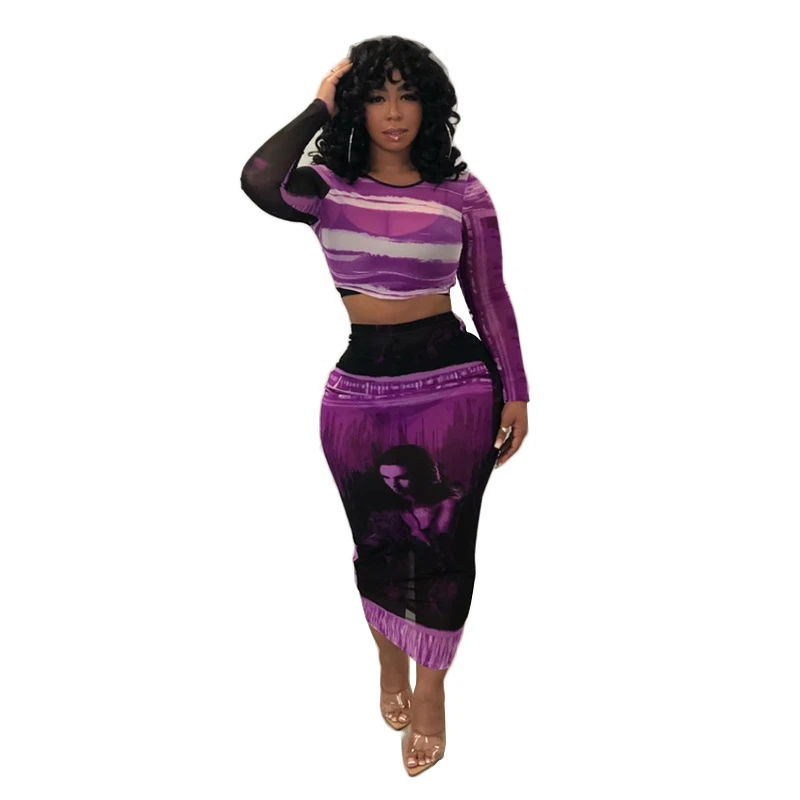 Adogirl/комплект из двух предметов с принтом в виде галстука-красителя, однотонная прозрачная сетка, Клубное платье укороченный топ с длинными рукавами, облегающая юбка миди, модные костюмы
