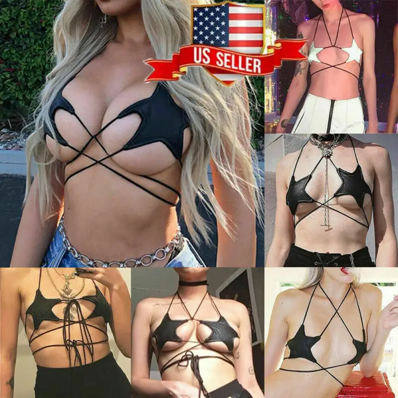 Leather Star Halter Lace Up Bralette Lined Bra No Pad Crop Top Black White Club