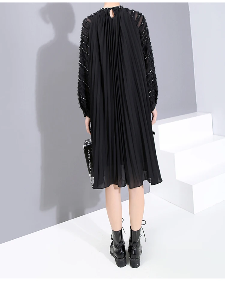 Новое однотонное черное Женское зимнее модное плиссированное платье и пояс из бисера длинное прозрачное женское Стильное элегантное платье миди халат 5798