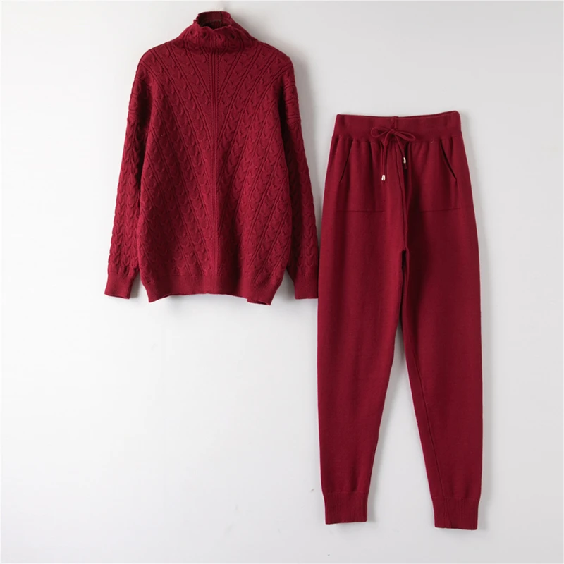 Водолазка, пуловер, свитера, трикотажные штаны, костюм из двух частей, комплекты для женщин на осень и зиму, теплый вязаный спортивный костюм, женский спортивный костюм - Цвет: H01-Wine Red