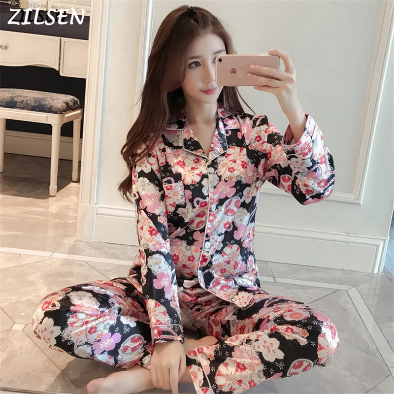 Women Pajama Set Autumn Ladies New Cherry Blossom Long Sleeved Printing