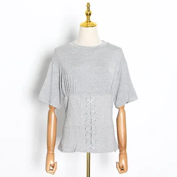 

Europe and America Summer 2020 New Style Fashion Casual Crew Neck Waist Hugging Sense of Design Girdle Bandage Cloth Solid Color