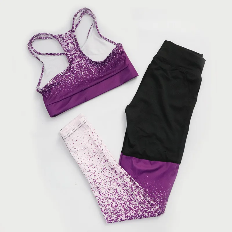 purple set Градиент Цвет Йога Брюки Высокая Талия Женская одежда для фитнеса, спорта, бюстгальтер+ трусики, комплект со штанами, Эластичные Леггинсы для йоги тренировка в тренажерном зале трусы с пуш-апом - Цвет: purple set