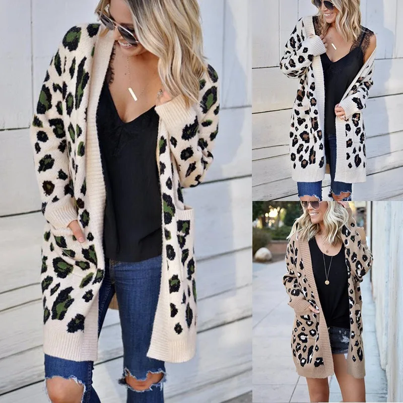 

Women's Cardigan Sweater Fashion 2020 Autumn Oversize Long Leopard Cropped Cardigans Winter Knitwear Knitted Sweaters for Women
