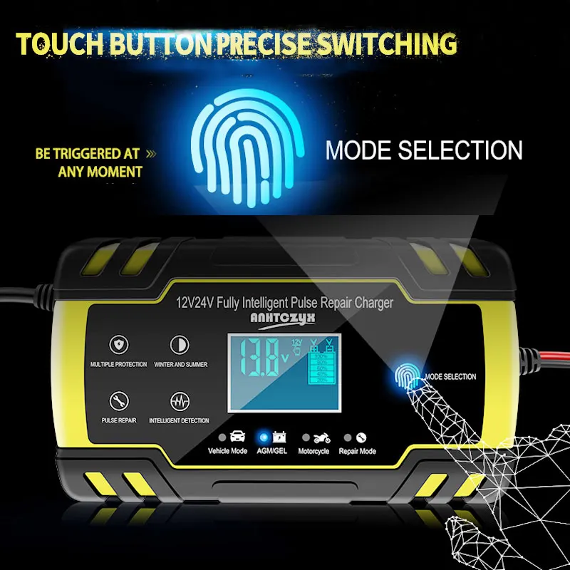 

Car Battery Charger 12/24V 8A Touch Screen Pulse Repair LCD Battery Charger for Car Motorcycle Lead Acid Battery Agm Gel Wet