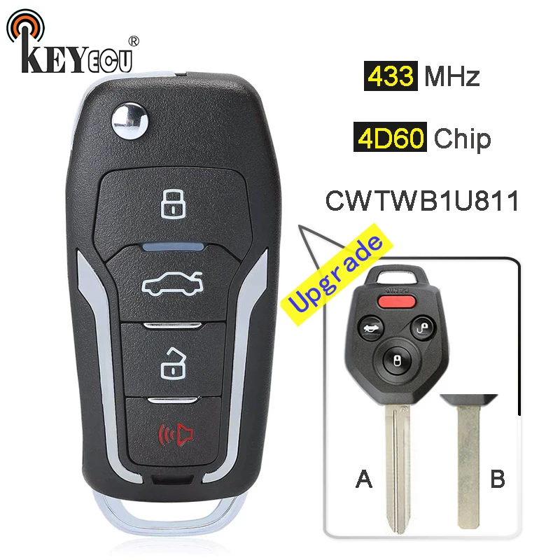 KEYECU 433 МГц 4D60 чип FCC: CWTWBU811 обновленный Флип складной 3+ 1 4 кнопки дистанционного ключа брелок для Subaru Legacy Outback 2011