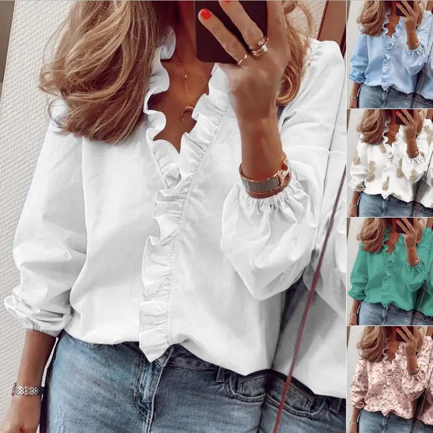 Elegant Fashion Print Ruffle Blouse Shirts Office Lady 2020 Autumn Slim Long Sleeve Blouses Women Sexy V-neck Plus Size Tops | Женская
