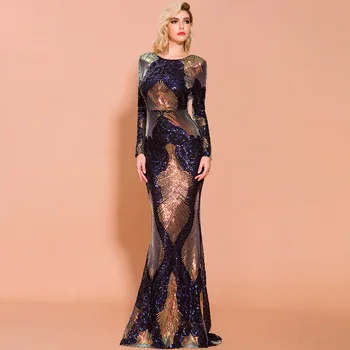 

Women Backless Long Sleeve Sequin Mermaid Prom Dress Evening Gown