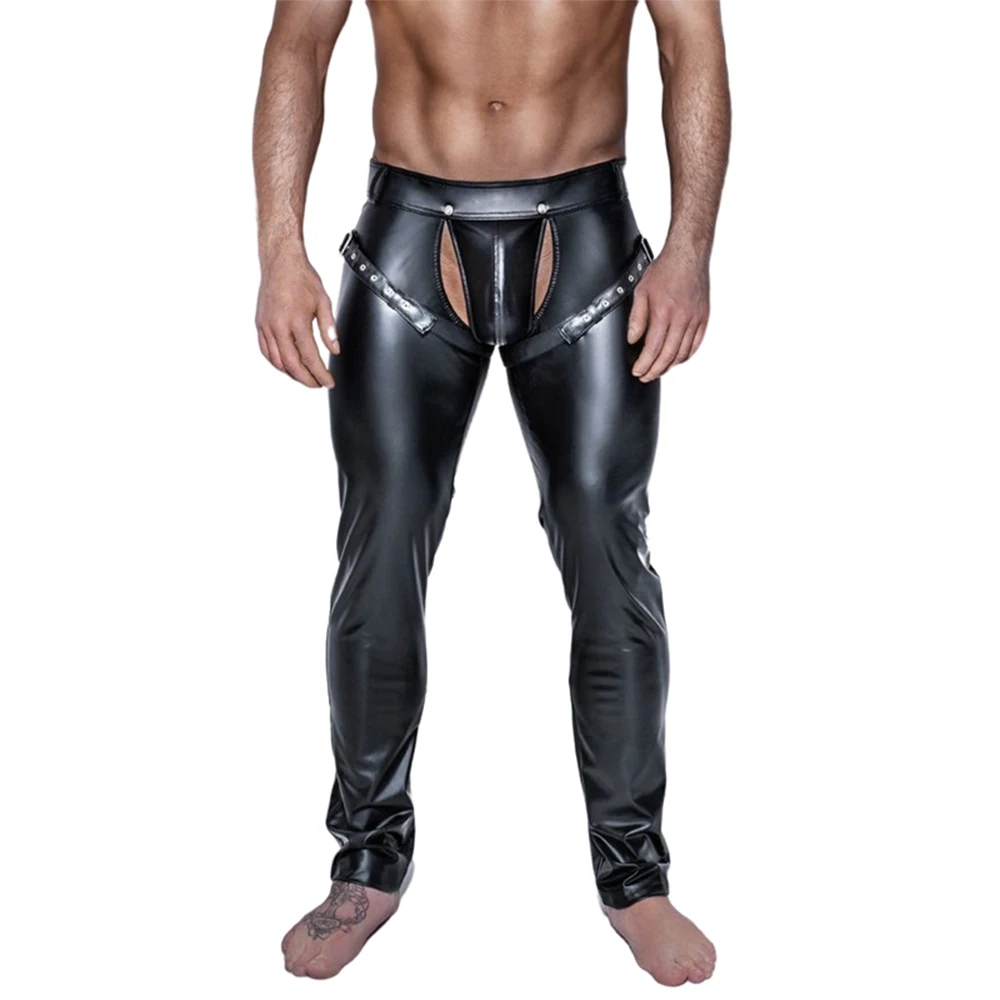 

Men Skinny Slim Leggings Sexy Sissy Patent Leather Pants Open Crotch Pole Dance Clubwear Exotic Pants Erotic Gay Fetish Costumes