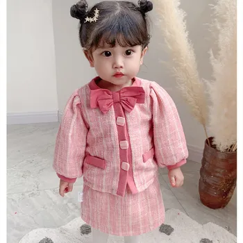 

Winter Baby Clothes Set Fleece Kids Toddler Girls Jacket Set Velvet Warm Jacket +Skirt 2Pcs Baby Clothing Set Bow Knot For Girls