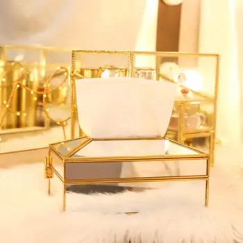 

Rectangular Mirror Glass Paper Copper Edge Tissue Box Decorative Napkin Storage Case Facial Tissue Holder
