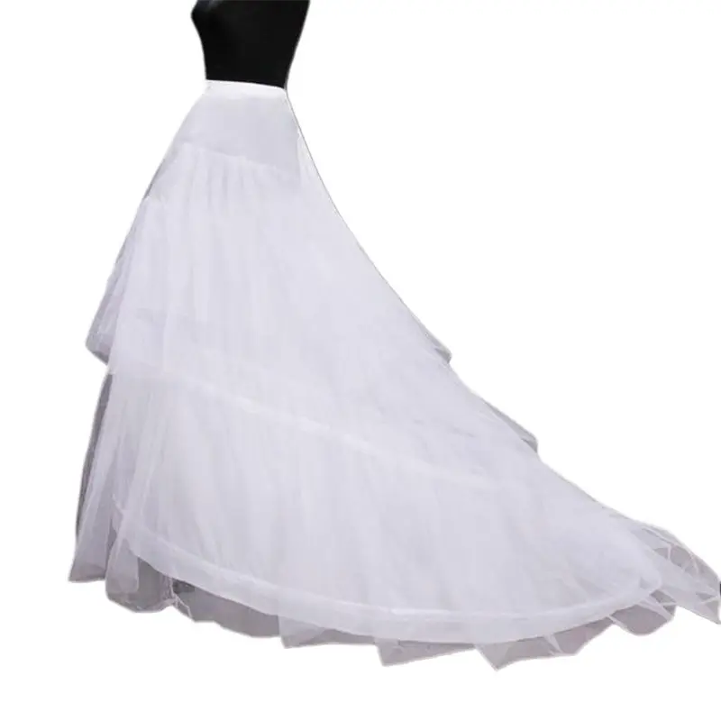 

Women Bridal 2 Hoops 3 Layer Tulle Wedding Long Trailing Petticoat Floor Length Elastic Waist Fishtail Crinoline Slip Underskirt