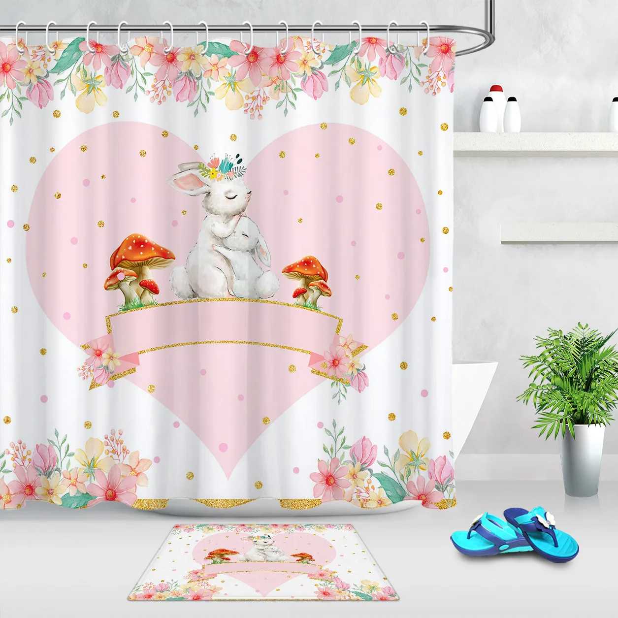 Cartoon Color Mushroom Plant Decor Bathroom Shower Curtain Rugs&Hooks Polyester