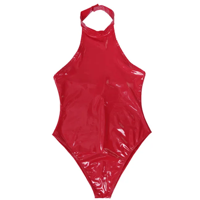Faux Latex PU Leather Catsuit Backless Wet Look PVC Swimsuit Shiny PU Leather Close Crotch Bodysuit Tight Sexy Cosplay Body Top