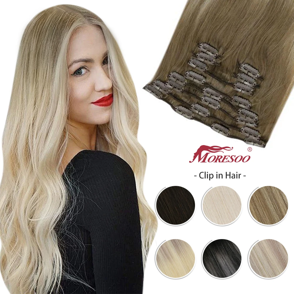 Moresoo Clip in Human Hair Extensions 14-24 inch Machine Remy Human Hair Brazilian Doule Weft Full Head Set Straight 7Pcs 100G