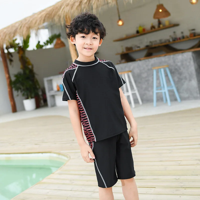 

2019 New Style Hot Sales KID'S Swimwear Short Sleeve Shorts Split Type Two Pieces Solid Color Ultra-stretch Quick-Dry BOY'S Swim