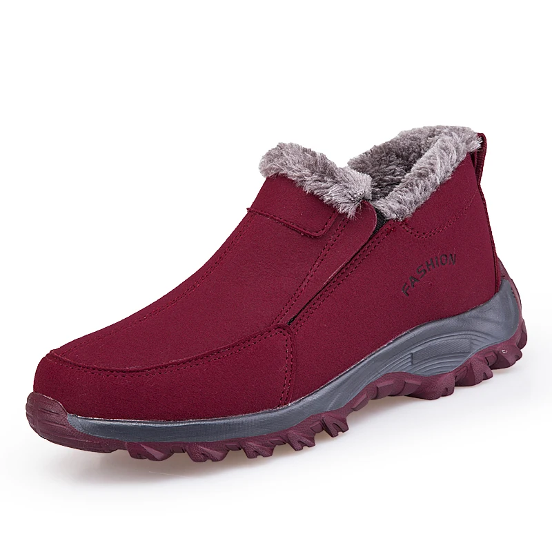 Winter Sneakers Couple Comfortable Suede Hiking Shoes Men Women Keep Warm Light Outdoor Shoes Fur Trekking Ankle Boots - Цвет: Red