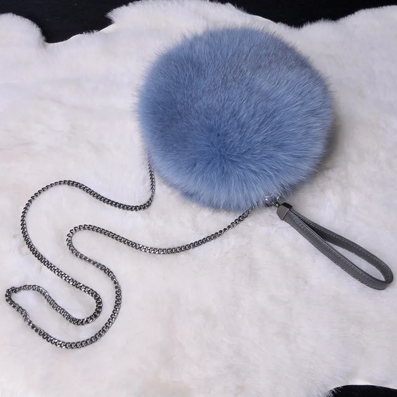 

ZDFURS*2019 New Women Fox Fur Handbag Winter Warm Round Shape Fur Bags Chain Shoulder Handbags Luxury Real Fur Wrist Bag Leather
