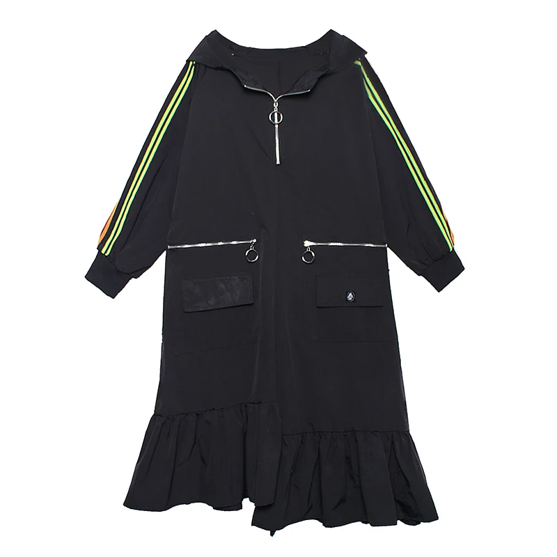 [EAM] Women Black Striped Ruffles Long Big Size Long Dress New Hooded Long Sleeve Loose Fit Fashion Spring Autumn 2020 1DA229