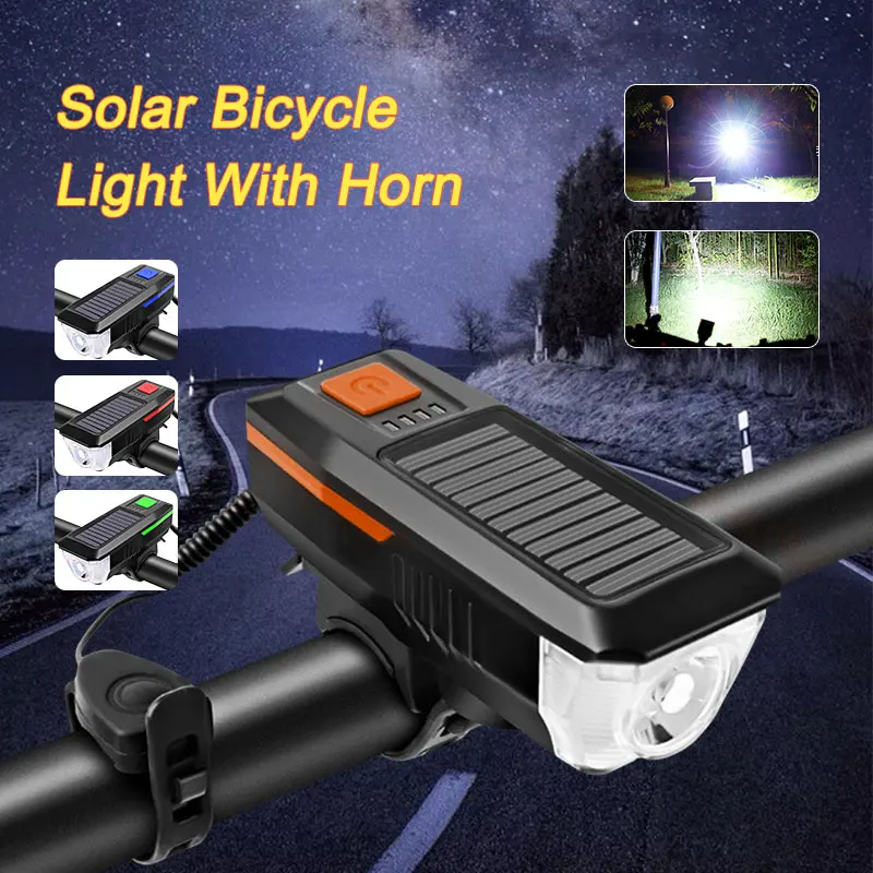 Solar Power Bike Lamp USB Rechargeable Front Bicycle Flashlight 3 Modes MTB Cycling Headlight with Bell Function | Спорт и