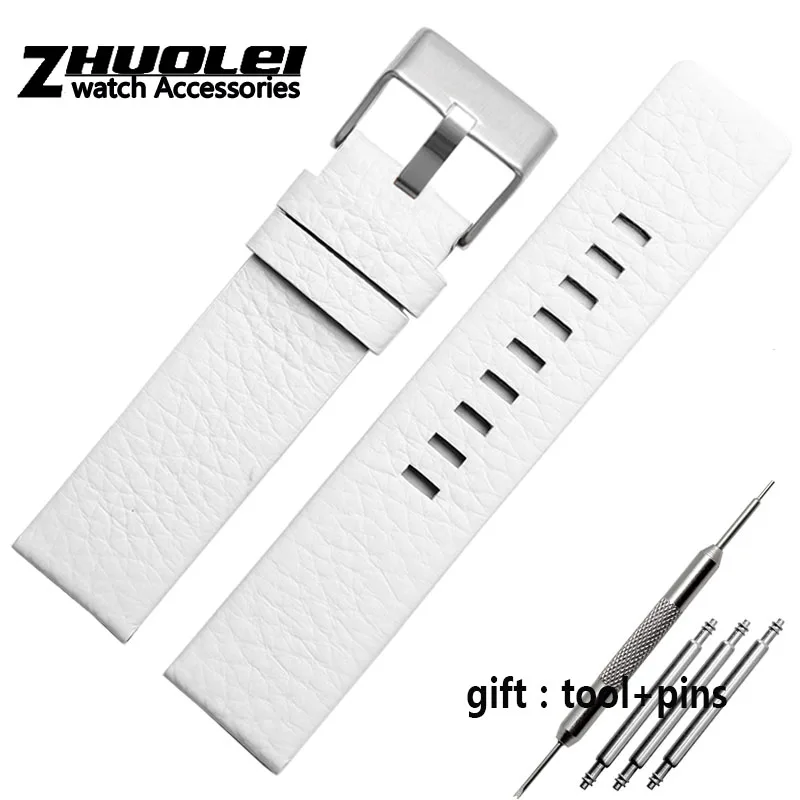 white silver clasp 22 мм 24 мм 26 мм 28 мм 30 мм Высокое качество Натуральная кожа натуральная кожа ремешок для часов черный и белый и коричневый ремешок для часов DZ7311 - Цвет ремешка: white silver clasp