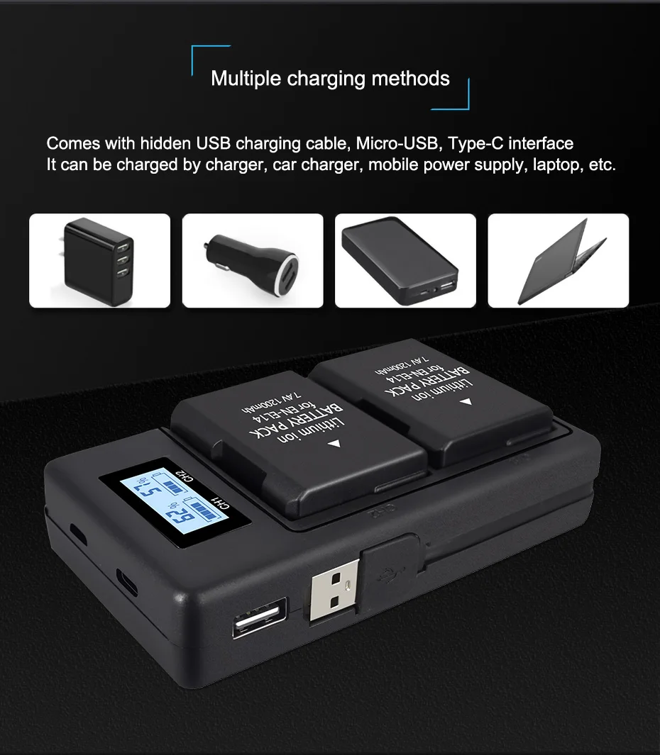 Palo 2 шт. EN EL14 Камера Батарея + ЖК дисплей Дисплей Зарядное устройство USB Dual для Nikon