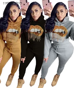 

Lugentolo Women Hooded Two Piece Set Top and Pants Patch Lips Hot Drilling Loose Casual Solid Fashion Sports Long Sleeve Sets
