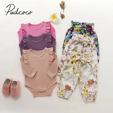 Коллекция года, весенне-осенняя одежда для малышей Топы с длинными рукавами для маленьких девочек, цельные боди с оборками, штаны с цветочным принтом и бантом комплект из 2 предметов, хлопковая одежда