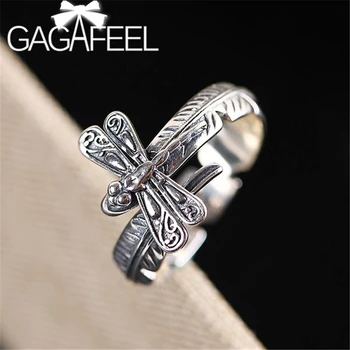 

GAGAFEEL Retro Dragonfly Open Ring New Design S925 Sterling Silver Jewelry Trendy Feather Adjustable Rings for Women Jewelry