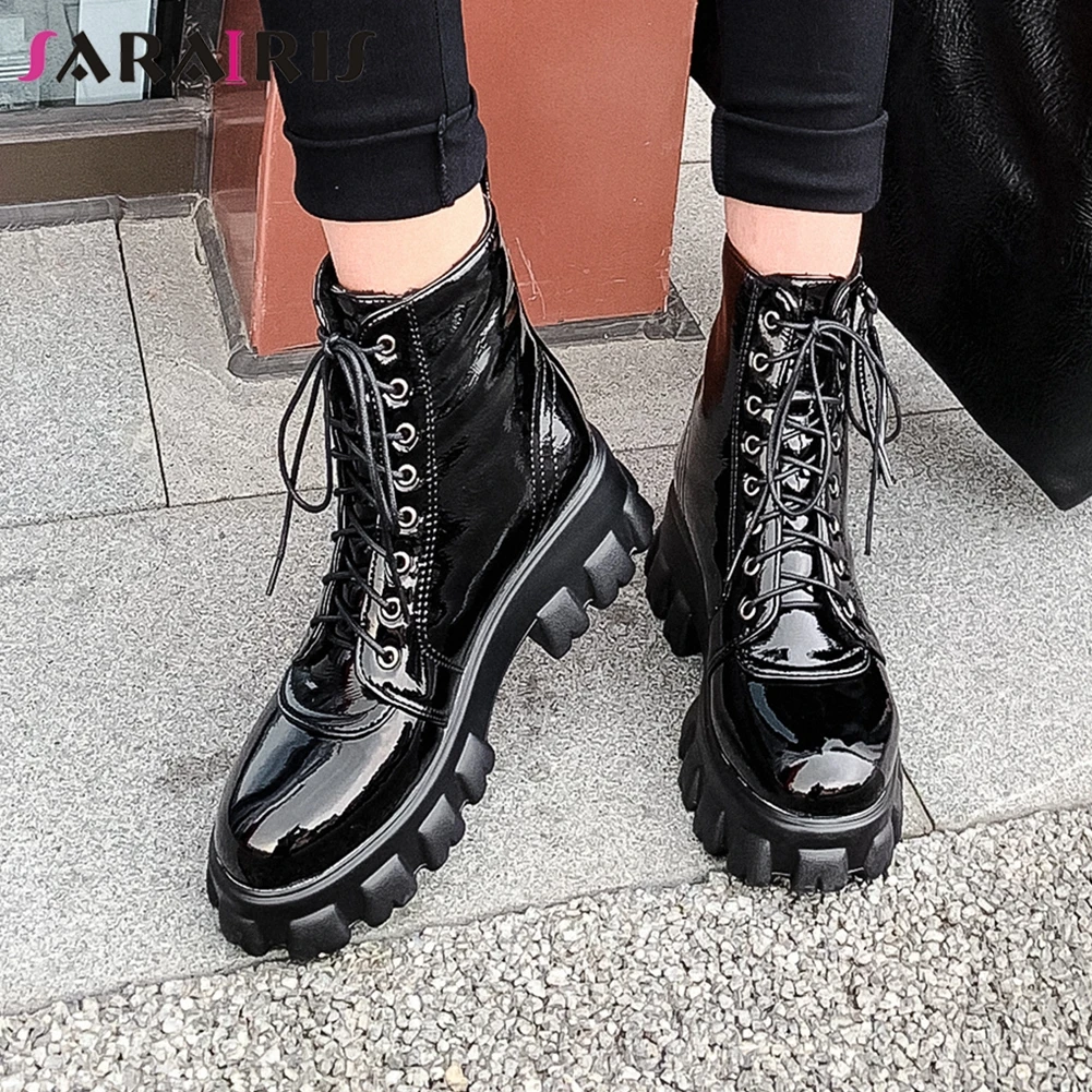 

SARAIRIS Plus Size 32-46 Brand Platform Booties Ladies Fashion Patent PU Ankle Boots Women 2020 Casual Wedges Shoes Woman