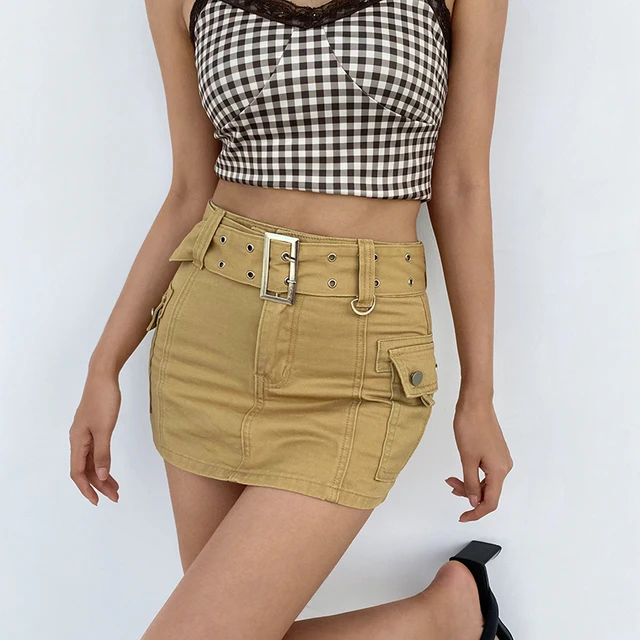 Khaki mini skirt with belt and pencil look
