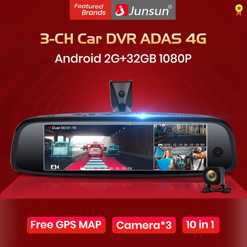 Junsun 2 + 32 ГБ 3 канальный Автомобильный видеорегистратор ADAS 4G Android зеркало заднего