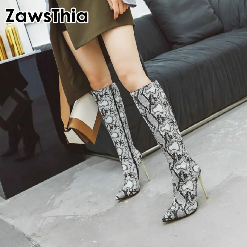 

ZawsThia 2019 sexy snake leopard print woman boots 10cm super thin high heels stilettos boots women knee high boots size 34-48