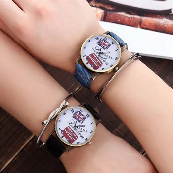 

Women Bus & UK Flags Watch Fashion Ladies Jeans Band Watch Clock Relogio Feminino Drop Shipping