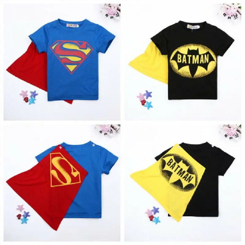 Kids Cartoon T shirt Baby Boys Batman Tee Top Cloak Cosplay Halloween Costume