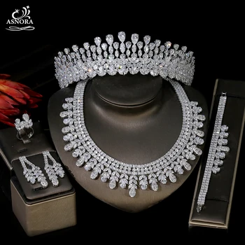 

ASNORA Nigeria 4-piece zircon necklace, female CZ Dubai jewelry, used for bridal wedding headdress necklace accessories T0867