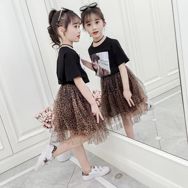 

2019 New Style Girls xia ji qun Set Korean-style Childrenswear Big Boy Western Style Short Sleeve Leopord Pattern Lace Skirt Two