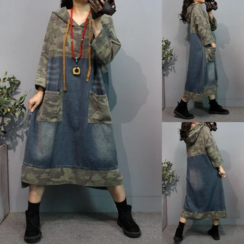 

[EWQ] Oversize Hooded Collar Three Quarter Sleeve Denim Patchwork Pockets Vintage Dress Women 2020 Spring Autumn 3AJ490
